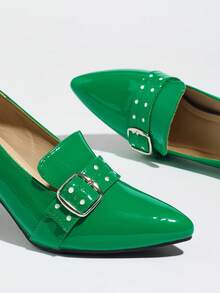 女士尖头粗跟玛丽珍鞋，金属搭扣，春夏款 - 綠色 - 查看 4