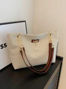 Bolso de mano de gran capacidad para mujer, bolso de hombro con cadena elegante, nuevo bolso de moda para debajo del brazo, bolso de lino retro - Café integral - Ver 1