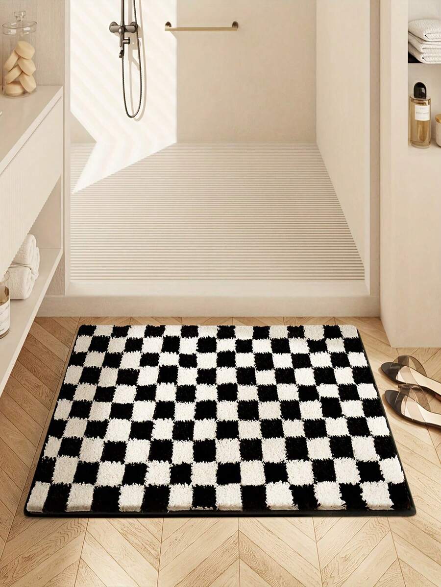 1pc Non-Slip Absorbent Bathroom Mat - Checkered Black And White Pattern, Suitable For Bathroom, Entryway, Kitchen, Living Room, Machine Washable, Anti-Slip, Daily Decor - Multicolor - View 1