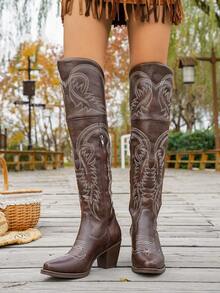 2026 Women's Fashion Square Toe Chunky Heel Cowboy Boots, Western Embroidered Retro Over-The-Knee Riding Boots - Brown - View 5