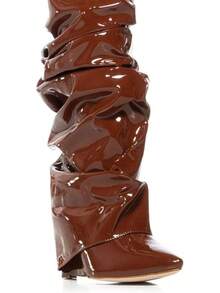 Women's Slouched Ruched Fold Over Boots - Patent Leather Covered Wedge Heel Wide Calf Pointed Toe Knee High Casual Boots - Brown - View 4