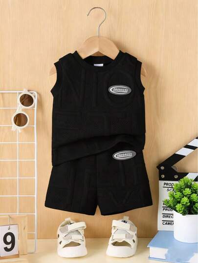 2 ชิ้น ชุดเสื้อกล้ามคอกลมพิมพ์ลายตัวอักษรกีฬาลำลองสำหรับเด็กเล็ก/เด็กวัยหัดเดิน, ฤดูร้อน, เหมาะสำหรับกิจกรรมกลางแจ้ง