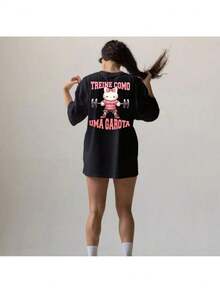 Women's Oversized T-Shirt Train Like A Girl Gym Long T-Shirt Stylish Urban Streetwear 100% Cotton - 黑色 - 查看 1