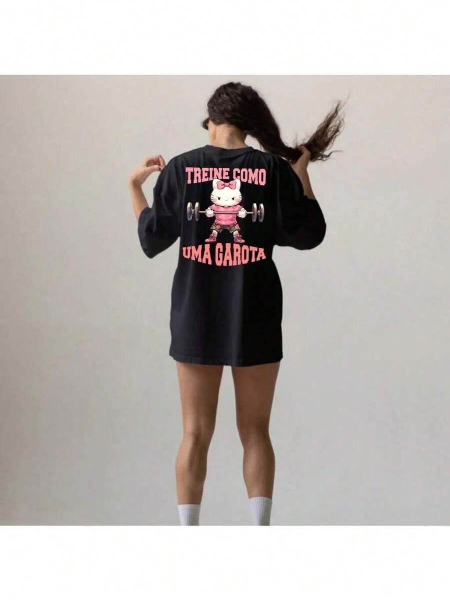 Women's Oversized T-Shirt Train Like A Girl Gym Long T-Shirt Stylish Urban Streetwear 100% Cotton - 黑色 - 查看 1