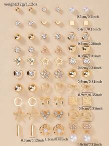 30 Pairs Minimalist Stud Earrings Set, Star, Heart, Bow Knot, Rhinestone, Faux Pearl, Metal, Variety Of Styles For Women, Suitable For Beach, Holiday, Gift - Yellow Gold - View 5