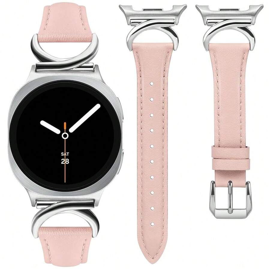 Minyee Leather Band Compatible With Samsung Galaxy Watch 8 40mm 44mm/ 8 Classic 46mm Bands, No Gap One-Click Slim Thin Dressy Leather Strap With C-Shape Metal Buckle Women, NOT For Other Models,Pink/Silver - 粉紅色/銀色 - 查看 1