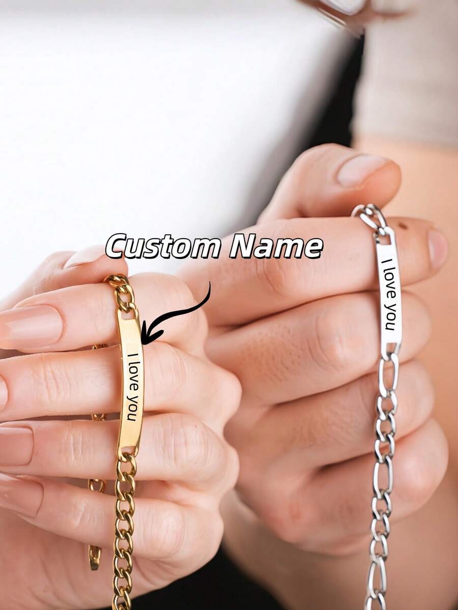 Customized Couple Name Bracelet, Personalized Fashion Curved Nameplate Bracelet, Stainless Steel Curved Nameplate Bracelet Can Be Customized With Name, Can Be Customized With Cuban Link/Figaro Chain Bracelet, Gift For Partner, Gold & Silver Hypoallergenic Simple Couple Name Bracelet - Engraved Bracelet - View 1