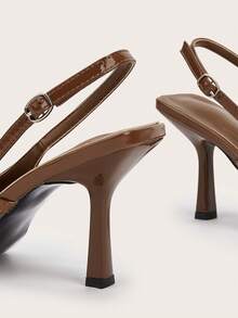Tacones de punta, de cuero patentado, con cierre de hebilla, tacones delgados, adecuados para fiestas, banquetes, ir a la oficina y uso diario - Café integral - Ver 4