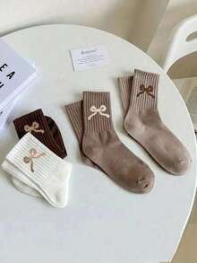 6 Pairs Children's Solid Color Bow Decor Casual Mid-Calf Socks - Multicolor - View 3