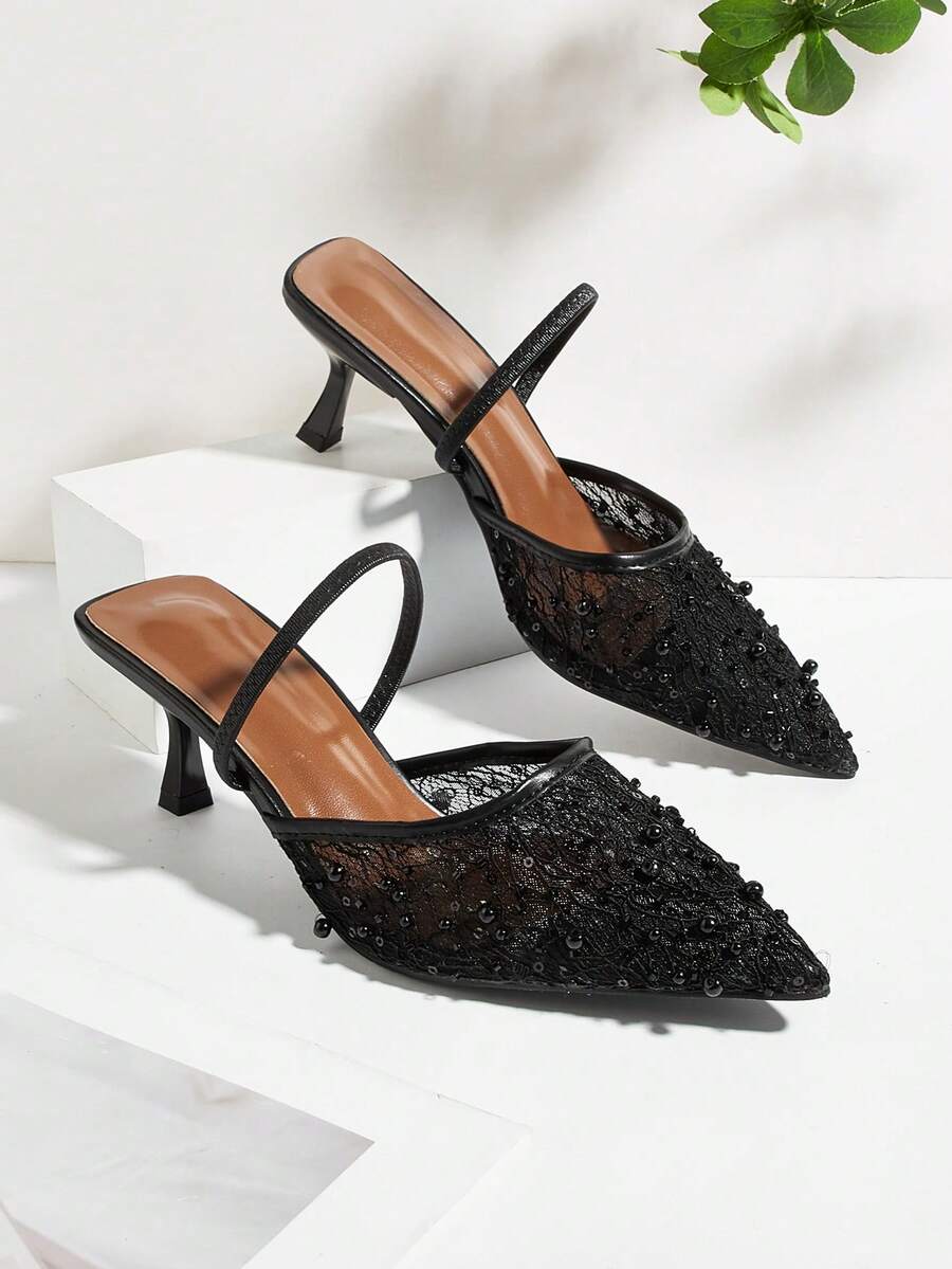 尖头网纱蕾丝珍珠亮片后带细高跟穆勒鞋 - 黑色 - 查看 1