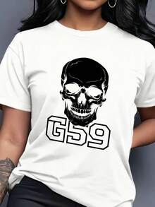 Women's T-Shirts Skull With Goggles And G59 Text 100%, Breathable-1 - 白色2 - 查看 3