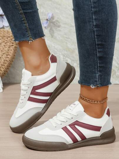 Women's Lace-Up Color Block Flat Casual Sneakers, Non-Slip, Fashion Versatile Campus Sports Shoes, Spring/Autumn