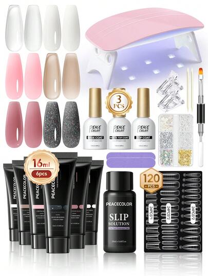 peacecolor 24pcs Nail Gel Kit, Gel Builder Containing UV/LED Lamp, 16ml Clear, White, Pink, Black Glitter Nail Extension Gel & Slip Solution, Base Gel, Glossy Gel, Matte Gel, Top Coat, Suitable For Beginner Nail Art Design, Nail Art Enthusiasts New Year Gift