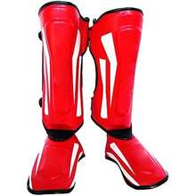 Tomshin Espinilleras de Artes Marciales, Protector de pie de Pierna de Cuero PU, Almohadillas Protectoras Gruesas para Kickboxing, Equipo de Entrenamiento MMA Sparring - Rojo-G - Ver 1