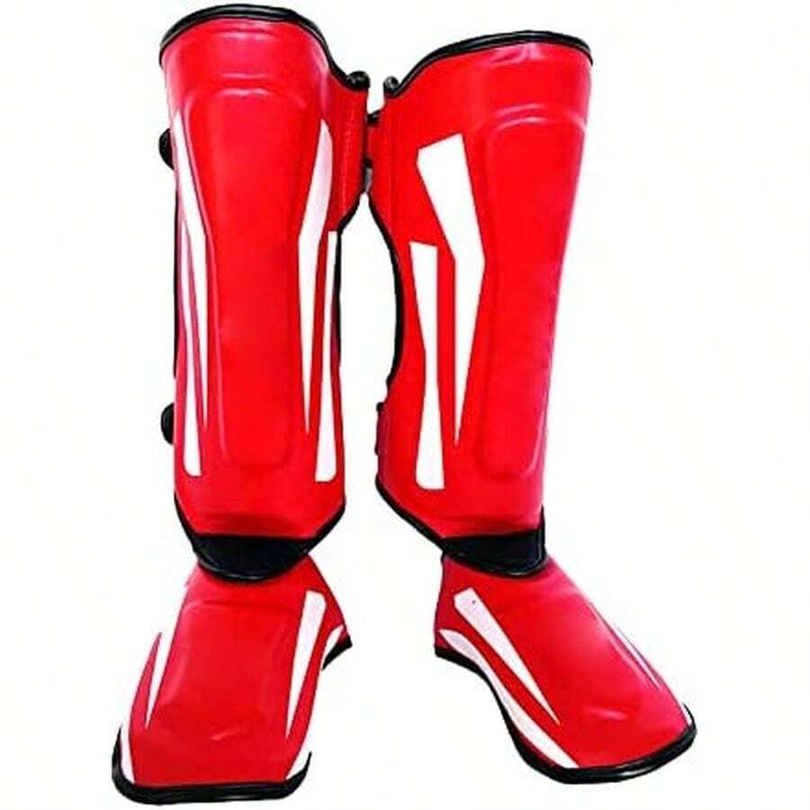 Tomshin Espinilleras de Artes Marciales, Protector de pie de Pierna de Cuero PU, Almohadillas Protectoras Gruesas para Kickboxing, Equipo de Entrenamiento MMA Sparring - Rojo-G - Ver 1