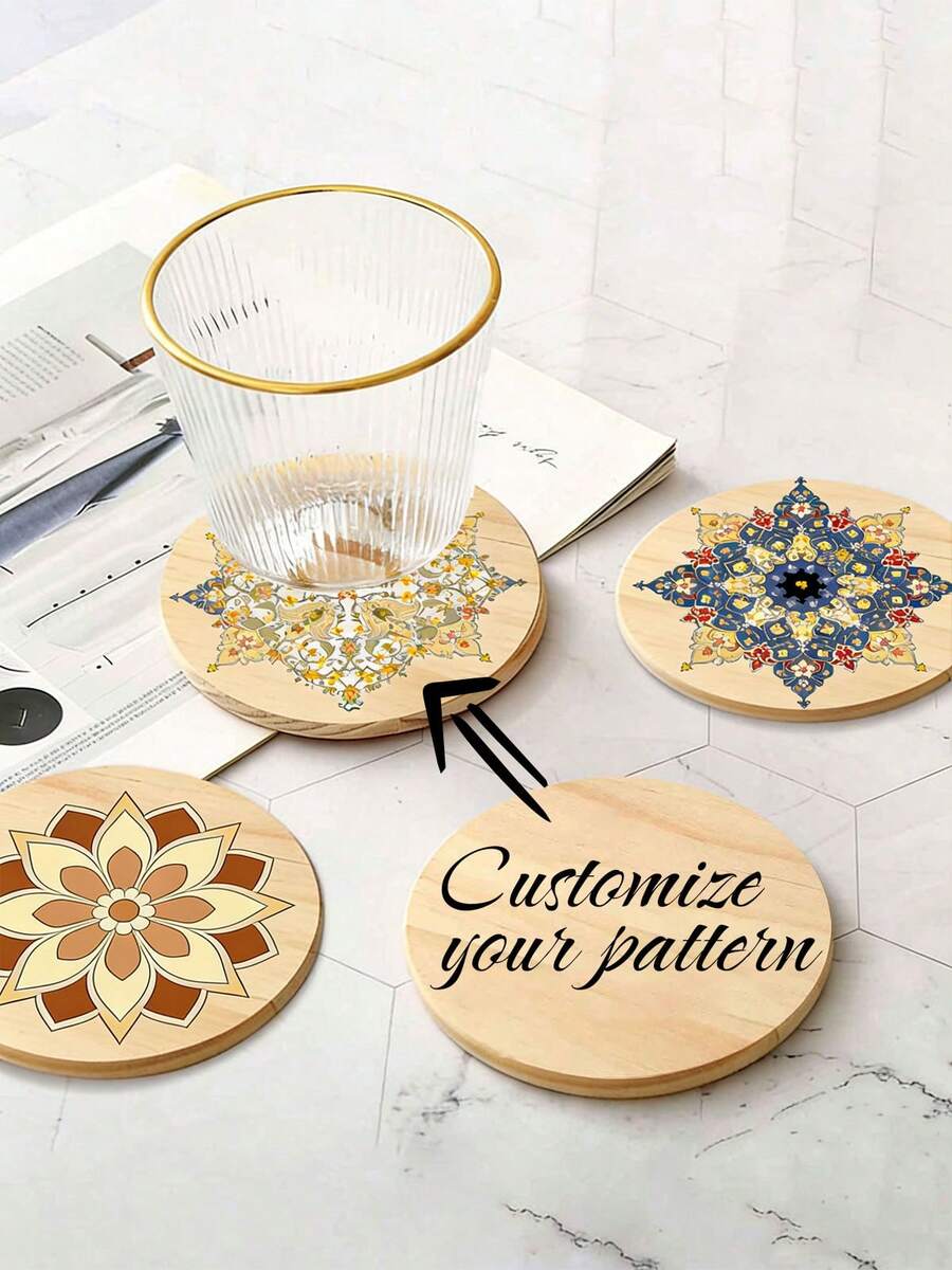 1pc Customized Wooden Coaster, Pine Wood Coaster With Personalized Logo Name, Ideal Gift For Wedding, Engagement, Family Gathering, Friends And Families, Can Customize Your Name, Round Placemat, Beverage Coaster, Coffee Coaster - Multicolor - View 1