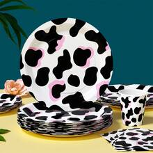 粉色和黑色奶牛纹一次性餐盘、餐巾纸、杯子 - 25人份派对用品套装，适用于生日、婚礼、主题派对、家庭野餐 - 彩色 - 查看 3