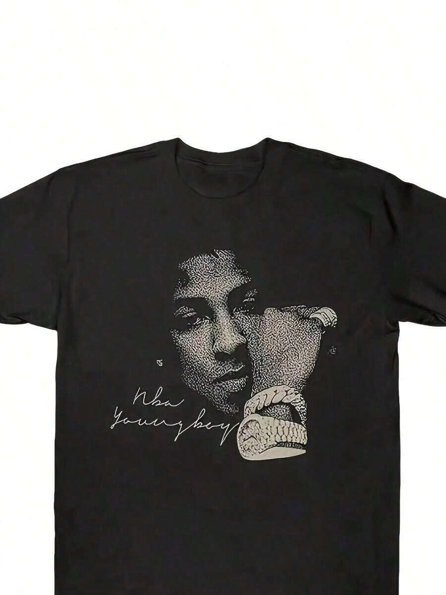 YoungBoy Never Broke Again Graphic T-Shirt Heavyweight Cotton Black With YoungBoy Face & Autograph Print O-Neck Casual Tops.JPGNBA T Shirt - màu đen - Xem 1