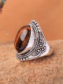 1 pieza Anillo ovalado de ojo de tigre natural estilo vintage - piedra ojo de tigre - Ver 3
