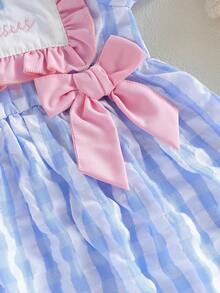 Toddler Baby Girl Dress Puff Short Sleeve Crew Neck Cross Letters Embroidery A Line Plaid Print Christian Dress - Xanh và trắng - Xem 6