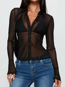 Women's Long Sleeve Sheer Mesh Button Down Shirts See Through Collared Slim Fit Tops Fashion  Mesh Blouse - 黑色 - 查看 2