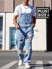 Men's Plus Size Heavy Wash Blue Distressed Overalls Jumpsuit - Retro Western Style, Beltless Design, Multi-Pocket Workwear, Machine Washable Stretch Denim, All-Season Casual And Formal Wear (Retro Distressed Perforated Details, Loose Straight Fit, Long Style, Classic Blue Denim, Casual Relaxed Wear, No Belt Needed, Suitable For Layering), Plus Size - 海藍色 - 查看 6