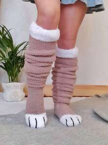 Women's Thigh High Socks Over The Knee Fuzzy Plush 3D Cat Paw Design Contrast White Trim Slouchy Winter Warm Christmas Holiday Leg Warmers Cozy Loungewear Socks - 深粉紅色 - 查看 4