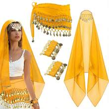 1 Belly Dance Set,Hand-Sewn Golden Coin Belly Dance Hip Scarf With Chiffon Bandana & Wrist Bracelets, Belly Dance Accessories - Multicolor - View 10