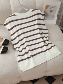 Áo dệt kim tay ngắn cổ tròn phối sọc dành cho nữ, kiểu dáng rộng rãi, nhẹ nhàng, mềm mại, dễ thương, thời trang, thích hợp cho mùa hè/xuân, áo mùa hè cho nữ, áo len mùa hè cho nữ, áo thun mùa hè cho nữ, quần áo mùa hè cho nữ - màu nâu - Xem 2
