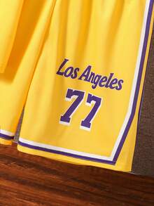 2pcs/Set Boys Casual Outdoor Sports Basketball Jersey With Los Angeles Number 77 Print, Basketball Round Neck Tank Top And Shorts Set, Spring/Summer - Yellow - View 6