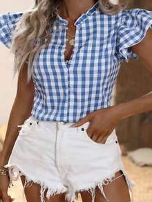 Blusa de picnic francesa casual con botones, volantes y cuadros de poliéster, adecuada para uso diario, té y brunch en verano - Azul - Ver 1