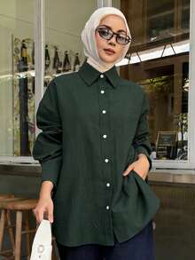 DAZY Solid Drop Shoulder Button Front Shirt,Long Sleeve Tops Linen Fall - Dark Green - View 5