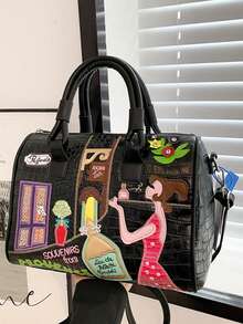 Große Kapazität Damen Umhängetasche, personalisierte Handtasche mit Krokodil-Stickerei, einzigartige Schultertasche, geeignet für tägliches Einkaufen, Pendeln, Modekleidung, Partys, Campus, neue bestickter PU-Tasche mit super großer Kapazität, mit neuer Applikationstechnologie, farbenfrohe bestickte Muster