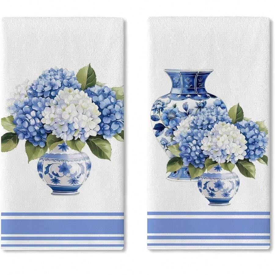2pcs Blue And White Porcelain Floral Print Kitchen Towels, Super Absorbent Kitchen Dishcloths, Soft , Machine Washable, Multipurpose Decorative Items, Birthday Gifts For Family And Friends, Suitable For Cooking, Baking, Cleaning, Bathroom, Tabletop Decor - Perfect Home Decor Choice.