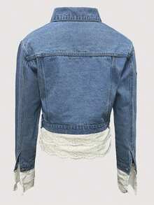 Plus Size Women's Fashion Lace Trim Cropped Denim Jacket, Patchwork Lace Casual Denim Top. - 藍色 - 查看 7