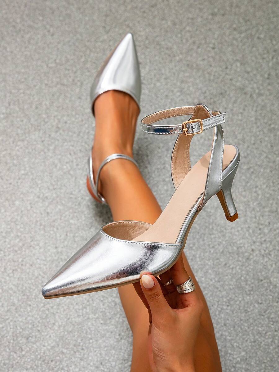 Giày sandal mũi nhọn quai ngang mắt cá chân khoét rỗng, giày cao gót gót nhọn hở gót, giày cao gót thanh lịch đa năng dành cho nữ. - Bạc - Xem 1