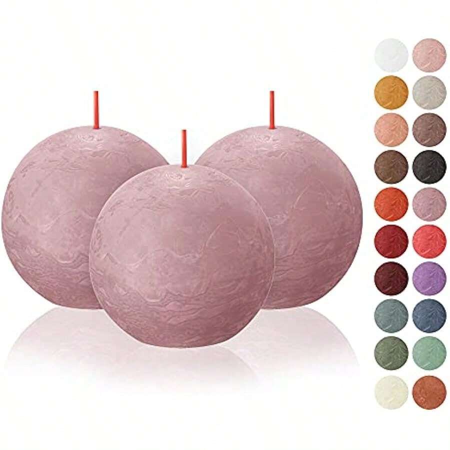 3 Pack Misty Pink Rustic Ball Pillar Candles - 3 Inch - Premium European Quality - Includes Natural Plant-Based Wax - Unscented Dripless Smokeless 25 Hour Party Décor And Wedding Candles Local Shipping - 灰玫瑰 - 查看 1