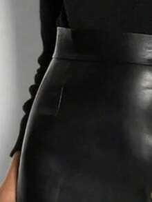 Váy bó sát eo EARO bằng da PU khóa kim loại trang trí cho nữ, thanh lịch, đa năng, phù hợp mặc thường ngày, đi làm, thu/đông - màu đen - Xem 5