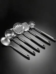 1pc Stainless Steel Cooking Spatula, Kitchen Utensil With Long Handle, Soup Ladle, Strainer, Frying Pan Scraper, Rice Paddle - Silver - View 8