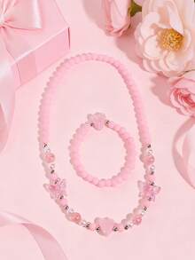 2pcs/Set Girls Cute Heart & Butterfly Beaded Necklace & Bracelet Set, Suitable For Daily Wear, Valentine's Day, Party, Girls Gift