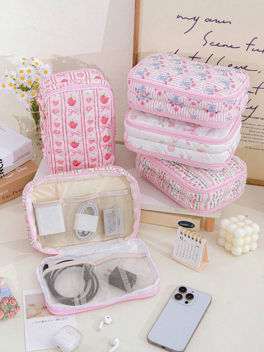可爱花朵图案数码收纳袋 便携式双层数码收纳袋 可爱草莓图案数码收纳袋 数码配件收纳袋 网状收纳袋 便携式旅行数码配件收纳袋 大容量旅行电子产品收纳袋 旅行日常收纳袋 婚礼、伴娘节、圣诞节、母亲节、护士节、教师节礼物 - 彩色 - 查看 1