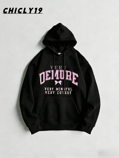 Y2K Aesthetic Women's Oversized Black Hoodie | CHICLY19 Preppy Cute  Hooded Pullover Sweatshirt With Pink "DEMURE" Letter Graphic Print & Adorable Bow Detail | Bold Typography Casual Streetwear Hoodie | Comfortable Loose Fit Soft Breathable Fabric | Easy-To-Match For Daily Casual, School Outfits, Hangout Ensembles | 2026 Fashion Must-Have Cute Women's Hooded Sweatshirt Available In Multiple Sizes