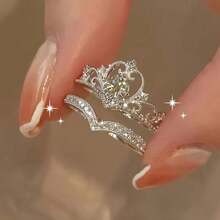 [Fashionable Crown Ring] 2pcs Double-Layer Princess Crown Ring |   Adjustable Opening, Inlaid With Fashionable Synthetic Zirconia, Suitable For Girls And Ladies As A Gift - A-05 màu bạc - Xem 4
