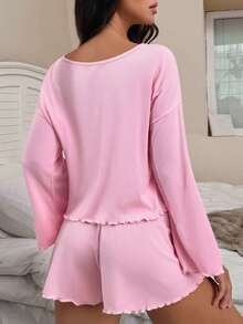 Bộ đồ ngủ 2 món màu trơn mới, thoải mái, cổ tròn, tay dài, áo viền ren, quần short cạp chun, chất liệu mềm mại, thoải mái dành cho nữ. - Hồng - Xem 2