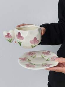 一套郁金香陶瓷咖啡杯碟，欧式心形把手陶瓷杯碟，不对称设计，手工制作陶瓷杯碟，家用早餐牛奶杯、水杯、咖啡杯碟、下午茶杯，礼品杯 - 彩色 - 查看 6