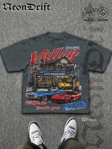 Men's Y2K "Dreams Valley" Auto Repair Shop Graphic T-Shirt Drop Shoulder Vintage Cotton Crewneck Tee 
 Style Scene Version (Emphasizing Retro Atmosphere) G48T - 深灰色 - 查看 6