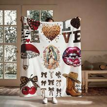 Retro And  Mix And Match Soft Flannel Throw Blanket Multifunctional Blanket Adaptation Couch Sofa Bed Office Nap Dorms Car Living Room Bedroom Picnic Travel Camping Chair Machine Washable Cozy Warm Flannel Blanket Lightweight Portable Fluffy Throw Blanket Comfortable Flannel Blanket Leopard Plaid LOVE Rhinestone Pearl Decorated Lips Like Leopard Bow Cherry Cowboy Boots "Let's Go Girls" Y2K Western Religious Mix And Match Fall Decor Autumn Decor Bedroom Decor Festival Covers Valentine's Day Birthday Anniversaries New Year Gifts Christmas Wedding Ideal Gift Blanket For Her Boyfriend Girlfriend Colleague Sisters Suitable For Movie Fans Or Unique Decor Daily Casual Blanket Cozy Soft Blanket All Season Cozy Mfort Vintage Fashion Holiday Gift, Cozy Soft Flannel Blanket & Suitable For Birthday Anniversaries, Valentine's Day, Thanksgiving, Christmas, Halloween, Wedding, New Year Gifts Provide Personalized Ideal Gifts For Her, Him, Family Members, Boyfriends, Girlfriends - 彩色 - 查看 1