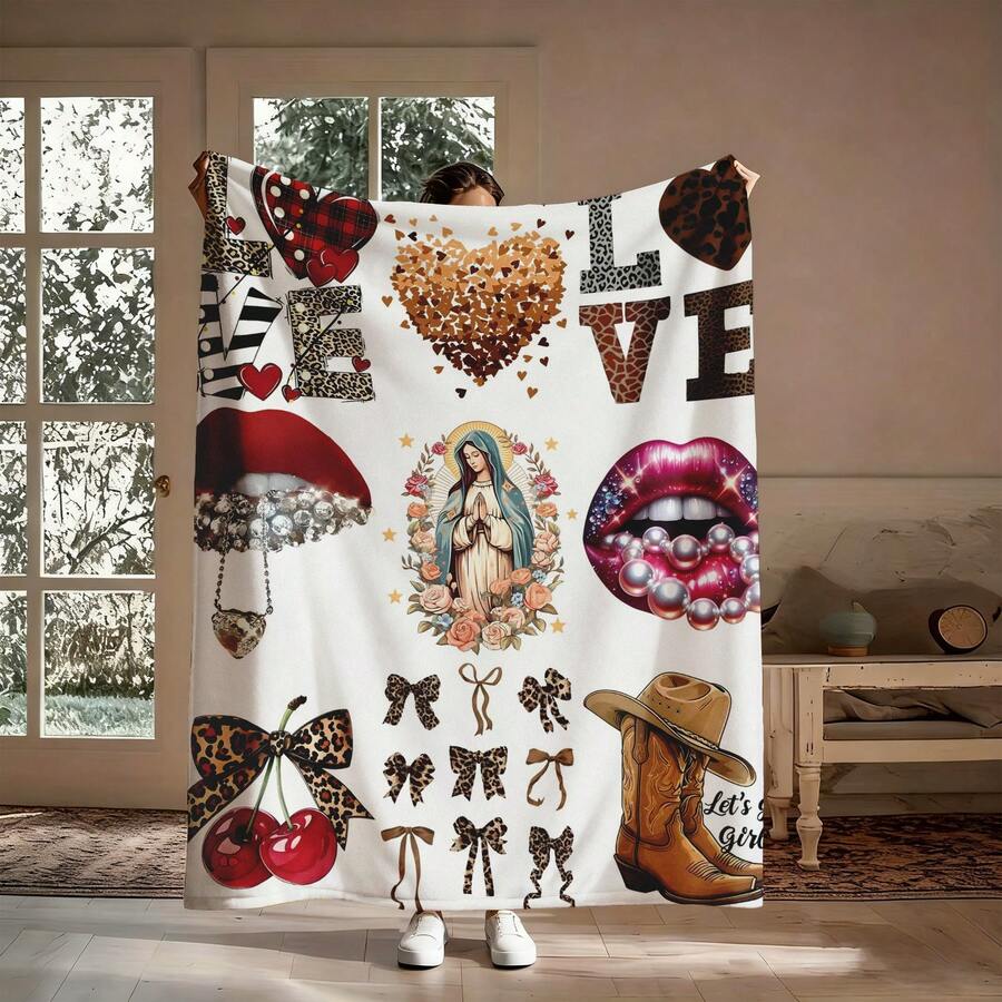 Retro And  Mix And Match Soft Flannel Throw Blanket Multifunctional Blanket Adaptation Couch Sofa Bed Office Nap Dorms Car Living Room Bedroom Picnic Travel Camping Chair Machine Washable Cozy Warm Flannel Blanket Lightweight Portable Fluffy Throw Blanket Comfortable Flannel Blanket Leopard Plaid LOVE Rhinestone Pearl Decorated Lips Like Leopard Bow Cherry Cowboy Boots "Let's Go Girls" Y2K Western Religious Mix And Match Fall Decor Autumn Decor Bedroom Decor Festival Covers Valentine's Day Birthday Anniversaries New Year Gifts Christmas Wedding Ideal Gift Blanket For Her Boyfriend Girlfriend Colleague Sisters Suitable For Movie Fans Or Unique Decor Daily Casual Blanket Cozy Soft Blanket All Season Cozy Mfort Vintage Fashion Holiday Gift, Cozy Soft Flannel Blanket & Suitable For Birthday Anniversaries, Valentine's Day, Thanksgiving, Christmas, Halloween, Wedding, New Year Gifts Provide Personalized Ideal Gifts For Her, Him, Family Members, Boyfriends, Girlfriends - 彩色 - 查看 1