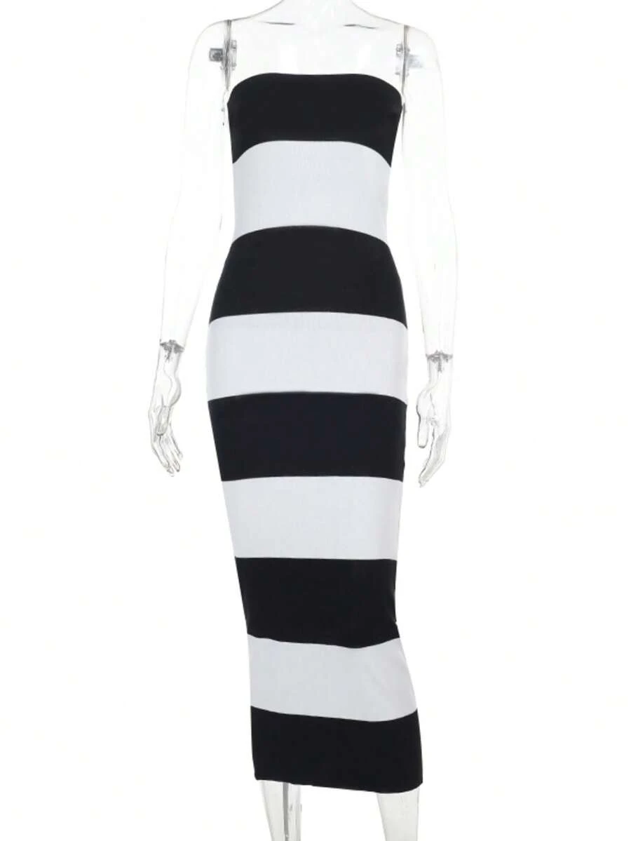 A Simple Knit Summer Dress, With A Strapless Striped Design, Suitable For Parties Or Cocktail Events. - Black and White - View 1