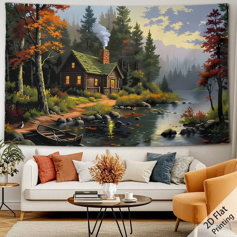 1件森林小屋与风景印花装饰挂毯，适合横向放置于客厅、厨房、卧室、书房、餐厅作为背景装饰，包含免费安装配件。